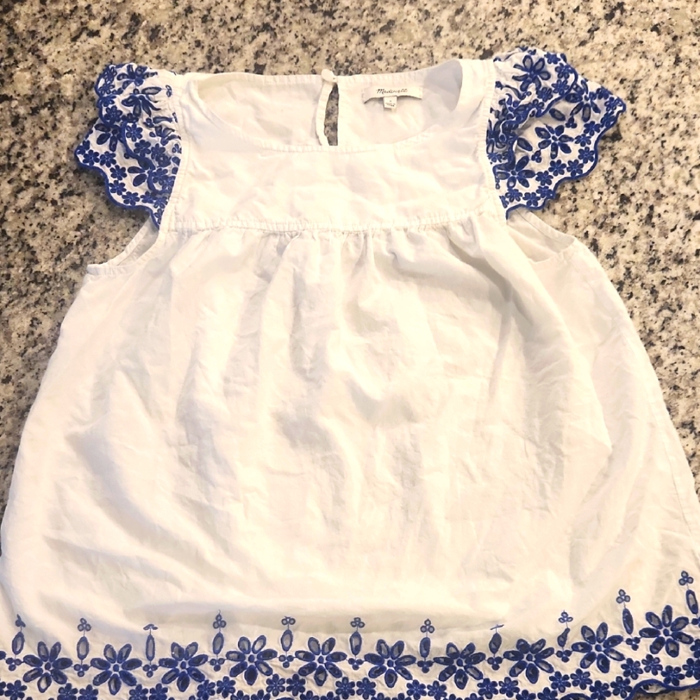 Madewell Women's White Top with Blue Eyelet Sleeves
